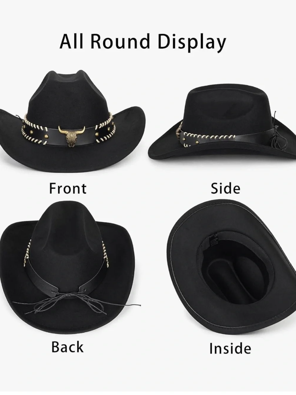Black Western Cowboy Hat with Decorative Bull Band New Adjustable #Lux-CL